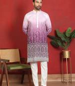 Cotton silk floral embroidered purple kurta with trouser