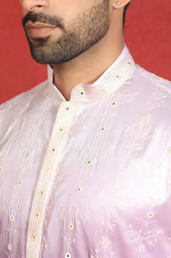 Cotton silk floral embroidered purple kurta with trouser