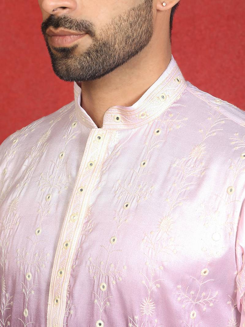 Cotton silk floral embroidered purple kurta with trouser
