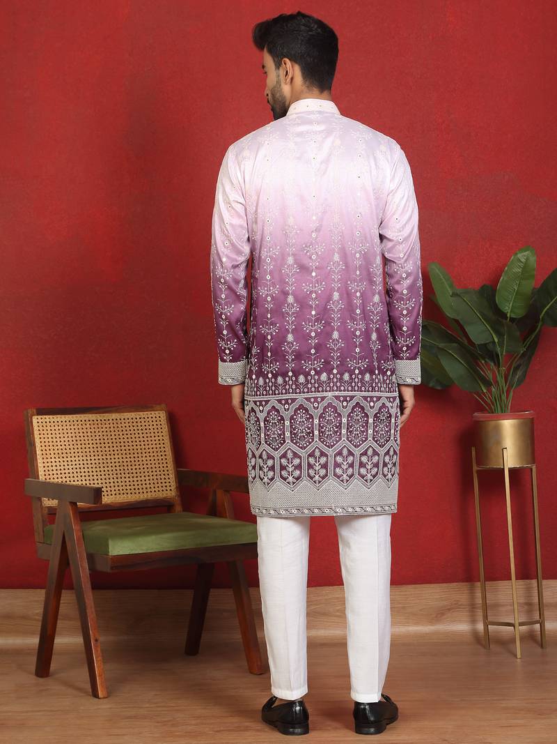 Cotton silk floral embroidered purple kurta with trouser