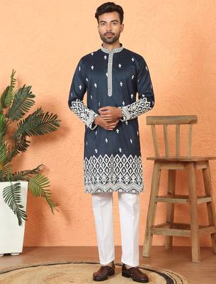 Cotton silk floral embroidered navy blue kurta with trouser 1