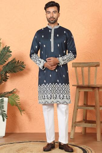 Cotton silk floral embroidered navy blue kurta with trouser