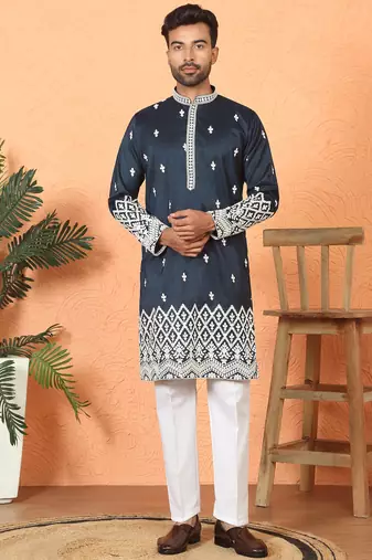 Cotton silk floral embroidered navy blue kurta with trouser