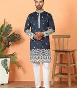 Cotton silk floral embroidered navy blue kurta with trouser