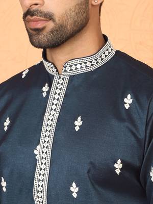 Cotton silk floral embroidered navy blue kurta with trouser 2