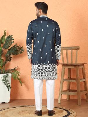 Cotton silk floral embroidered navy blue kurta with trouser 3