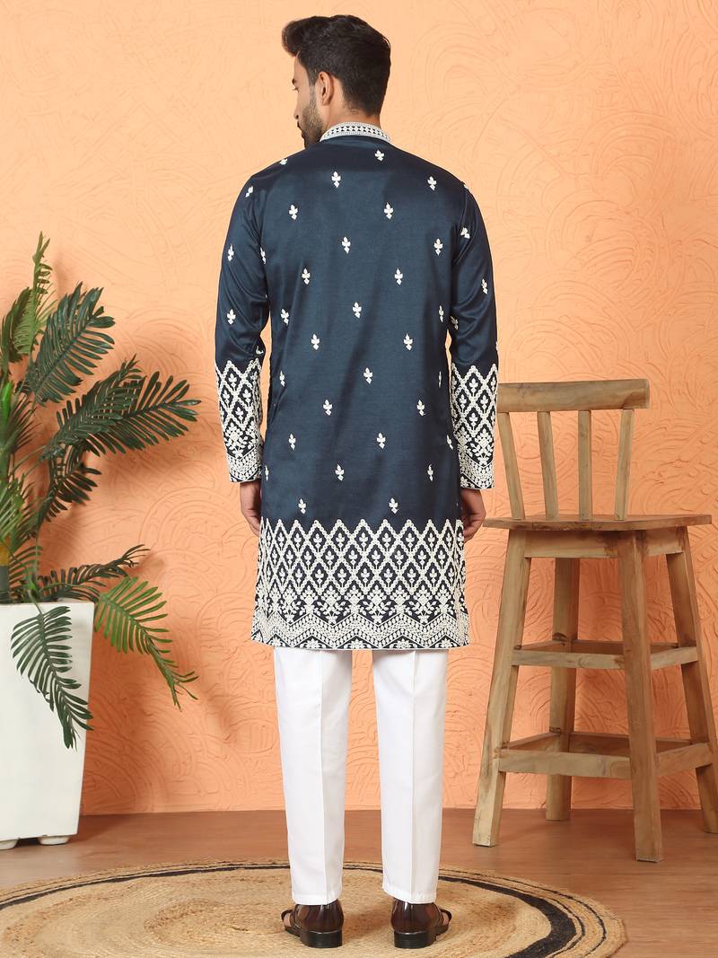 Cotton silk floral embroidered navy blue kurta with trouser