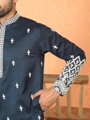 Cotton silk floral embroidered navy blue kurta with trouser 5
