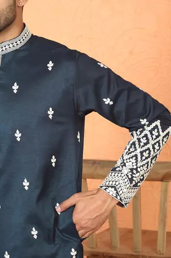 Cotton silk floral embroidered navy blue kurta with trouser