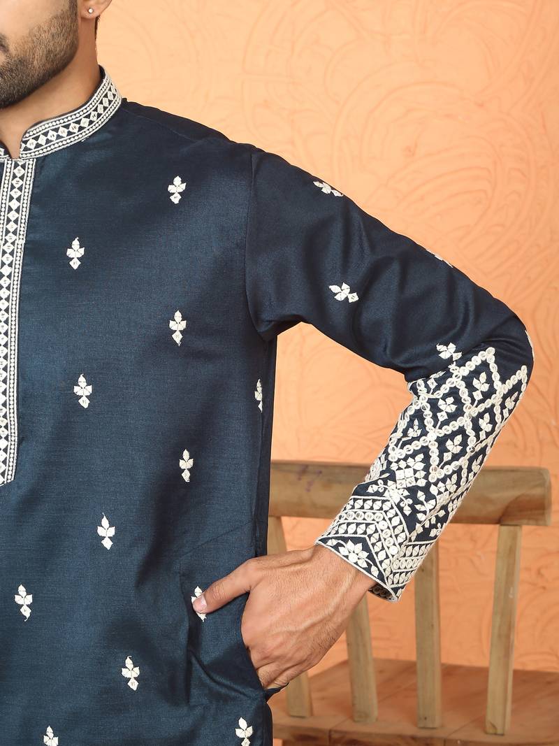 Cotton silk floral embroidered navy blue kurta with trouser