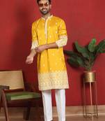 Cotton silk floral embroidered yellow kurta with trouser