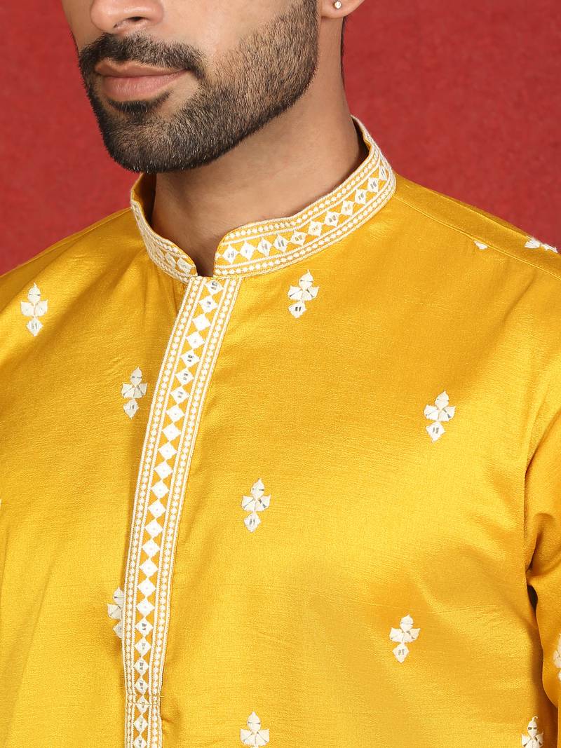 Cotton silk floral embroidered yellow kurta with trouser