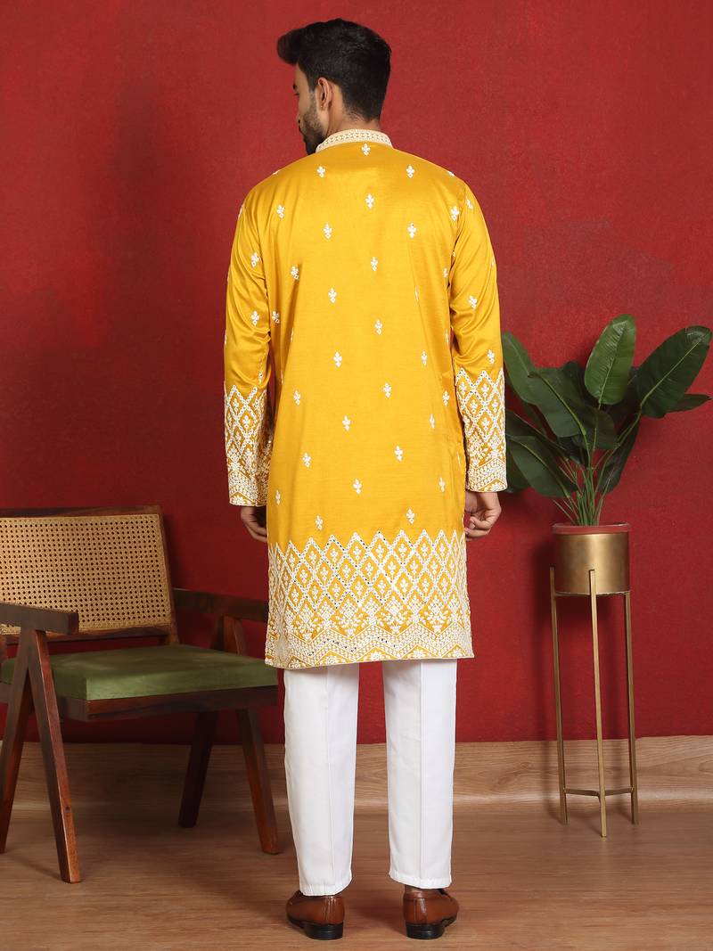 Cotton silk floral embroidered yellow kurta with trouser