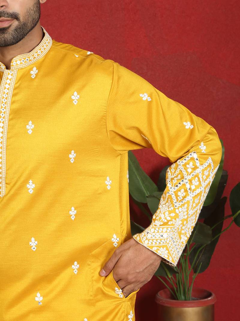 Cotton silk floral embroidered yellow kurta with trouser