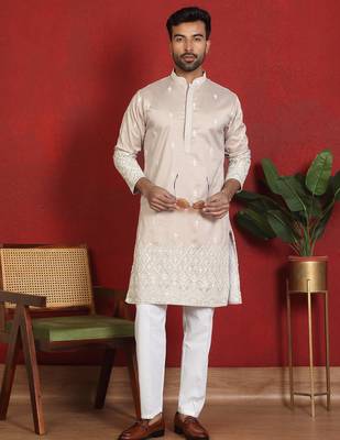Cotton silk floral embroidered beige kurta with trouser 1