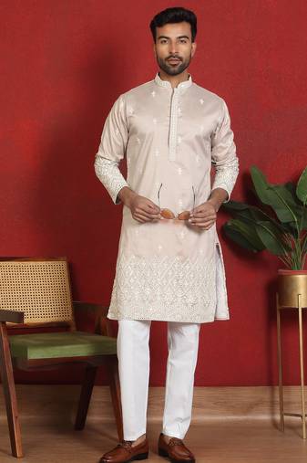 Cotton silk floral embroidered beige kurta with trouser