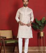 Cotton silk floral embroidered beige kurta with trouser