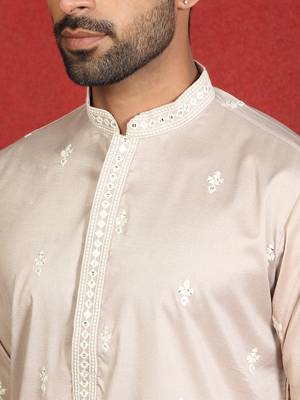 Cotton silk floral embroidered beige kurta with trouser 2