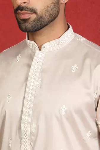 Cotton silk floral embroidered beige kurta with trouser
