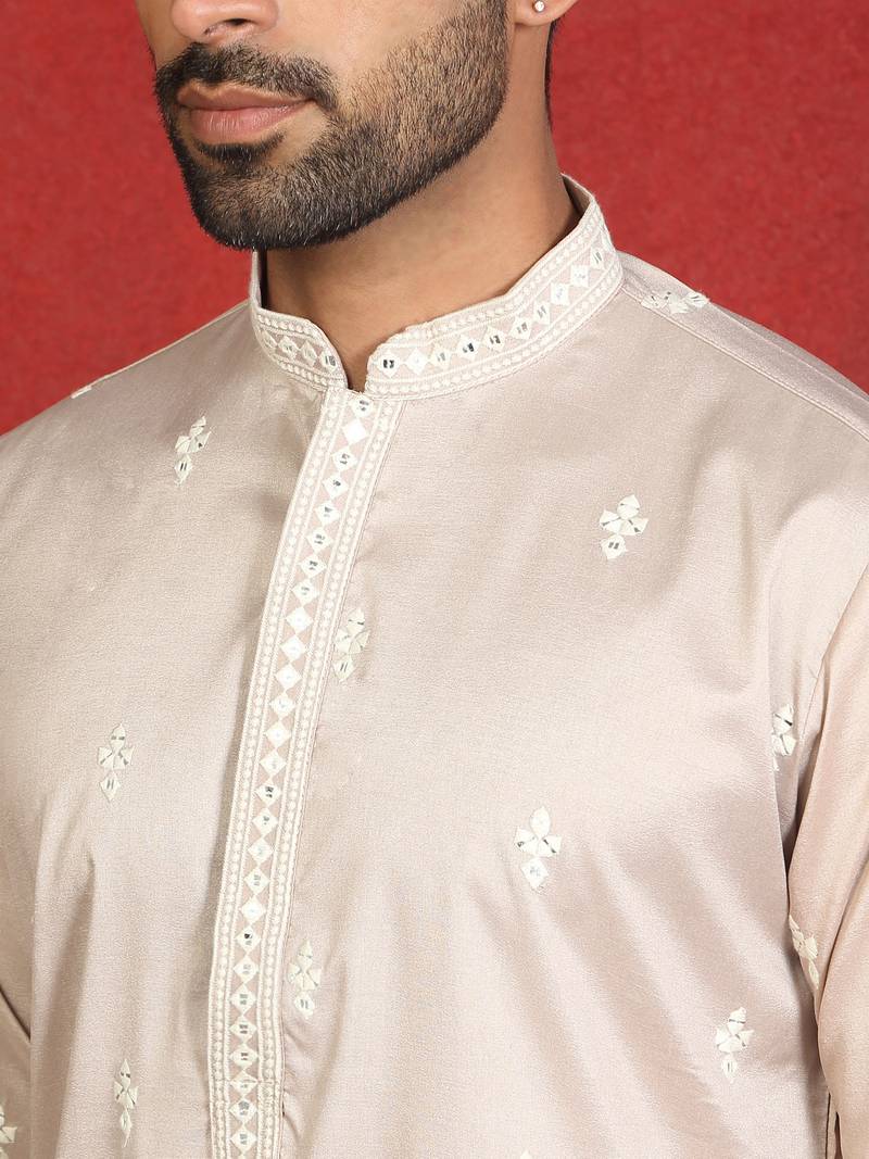 Cotton silk floral embroidered beige kurta with trouser