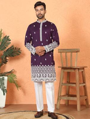 Cotton silk floral embroidered purple kurta with trouser 1