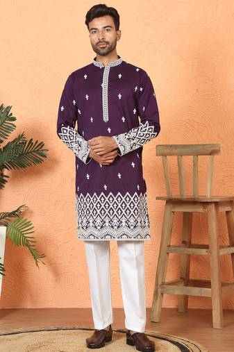 Cotton silk floral embroidered purple kurta with trouser