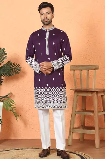 Cotton silk floral embroidered purple kurta with trouser