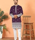 Cotton silk floral embroidered purple kurta with trouser