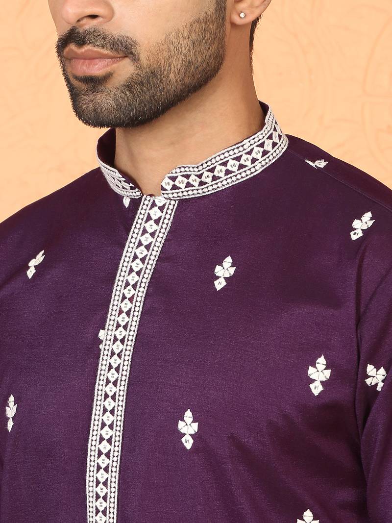 Cotton silk floral embroidered purple kurta with trouser