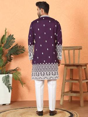Cotton silk floral embroidered purple kurta with trouser 3