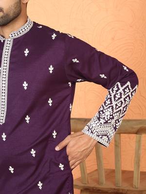 Cotton silk floral embroidered purple kurta with trouser 5