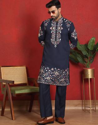 Cotton silk embroidered daman work blue kurta with bell bottom trouser 1