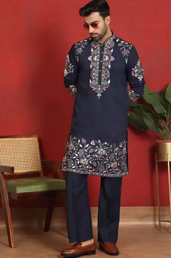 Cotton silk embroidered daman work blue kurta with bell bottom trouser