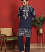 Cotton silk embroidered daman work blue kurta with bell bottom trouser
