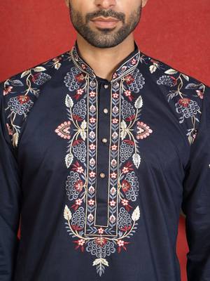 Cotton silk embroidered daman work blue kurta with bell bottom trouser 2