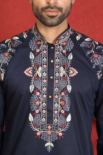 Cotton silk embroidered daman work blue kurta with bell bottom trouser