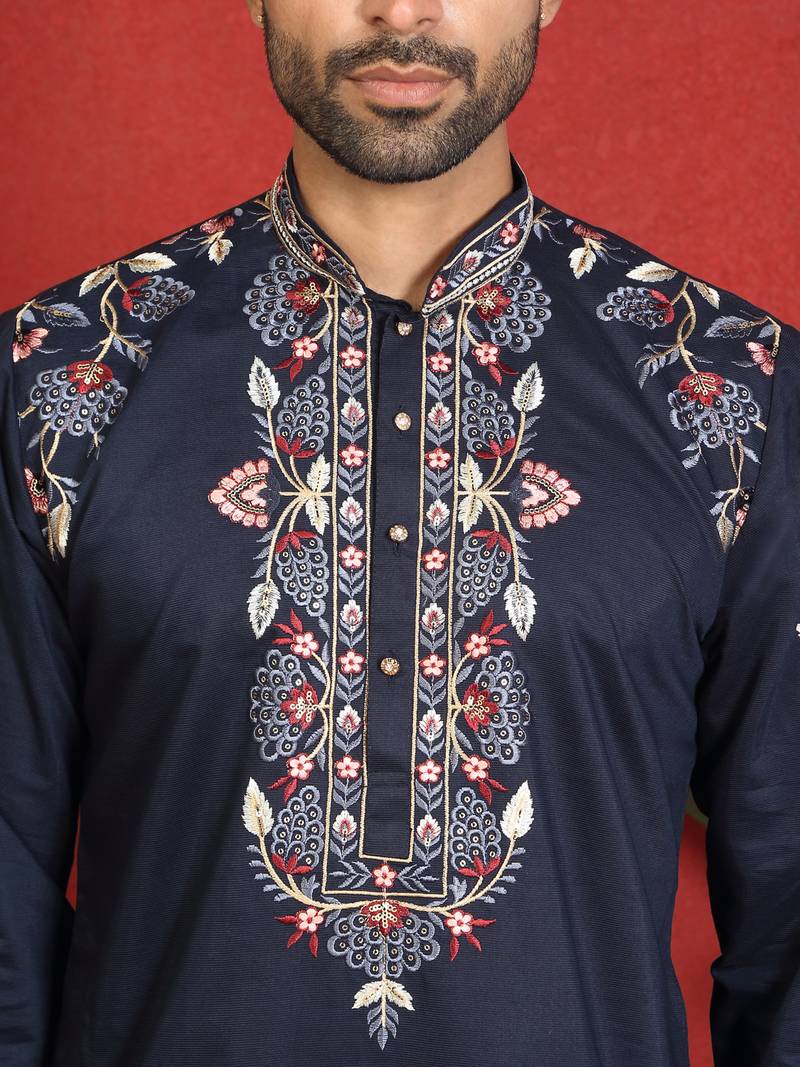 Cotton silk embroidered daman work blue kurta with bell bottom trouser