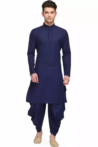 Classic blue cotton kurta with drape style dhoti salwar