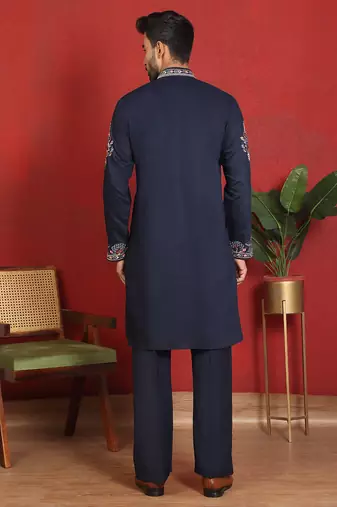 Cotton silk embroidered daman work blue kurta with bell bottom trouser