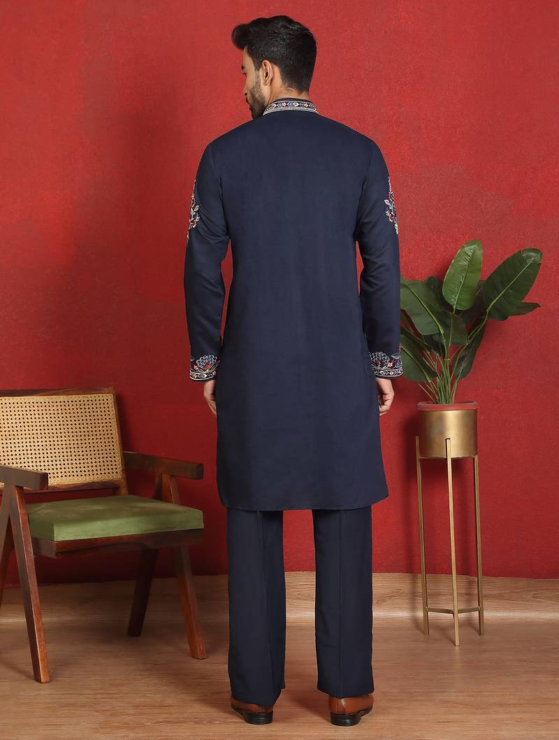 Cotton silk embroidered daman work blue kurta with bell bottom trouser