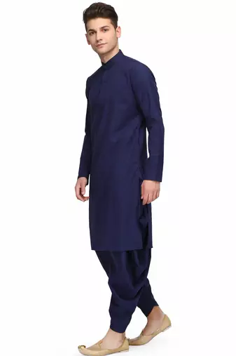 Classic blue cotton kurta with drape style dhoti salwar