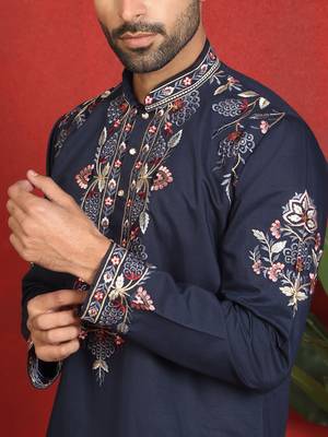 Cotton silk embroidered daman work blue kurta with bell bottom trouser 5