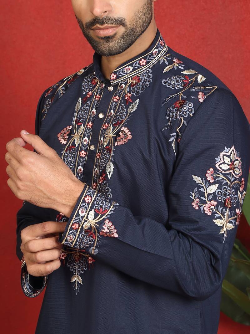 Cotton silk embroidered daman work blue kurta with bell bottom trouser