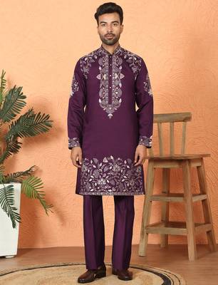 Cotton silk embroidered daman work wine kurta with bell bottom trouser 1