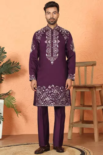 Cotton silk embroidered daman work wine kurta with bell bottom trouser