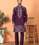 Cotton silk embroidered daman work wine kurta with bell bottom trouser