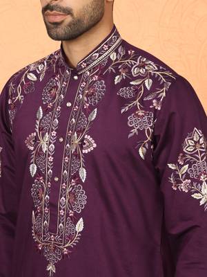 Cotton silk embroidered daman work wine kurta with bell bottom trouser 2