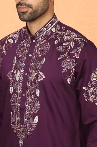 Cotton silk embroidered daman work wine kurta with bell bottom trouser