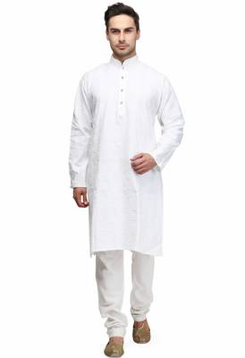 White chikankari thread embroidered cotton kurta pajama set 1