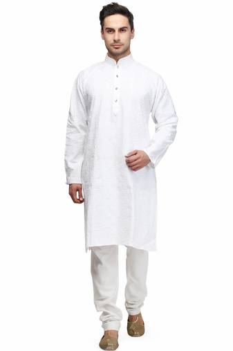 White chikankari thread embroidered cotton kurta pajama set